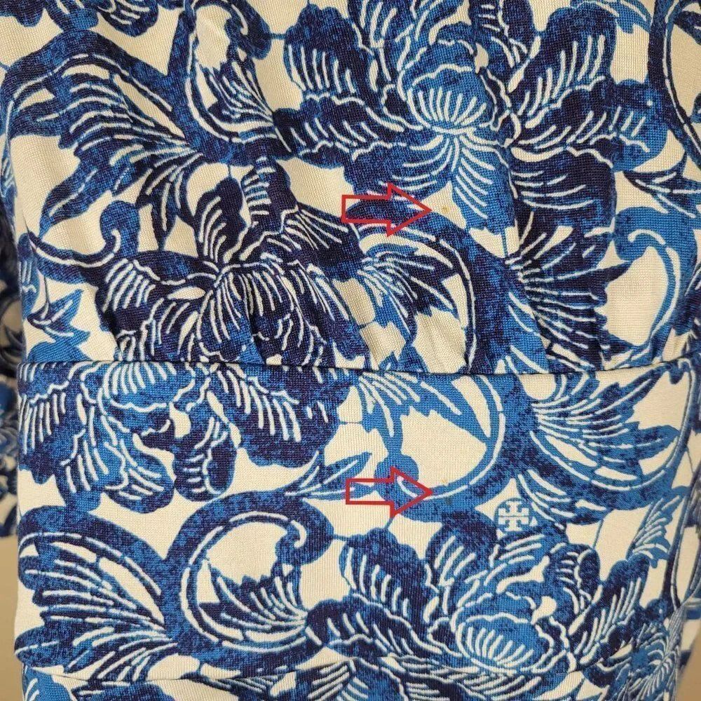 Tory Burch Sheila Floral Silk Dress Knee Lenght 3/4 Sleeve Blue White Size S